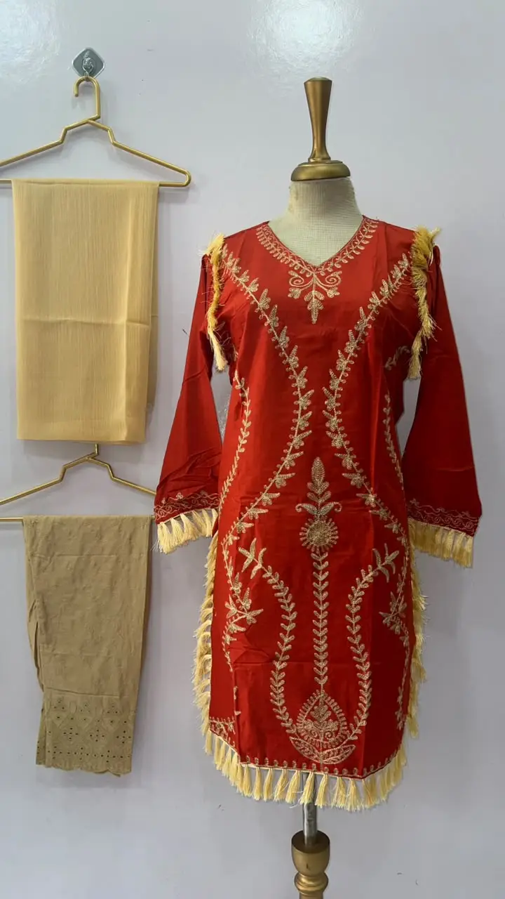 3 Pcs Women's Stitched Linen Hand Embroidered Suit