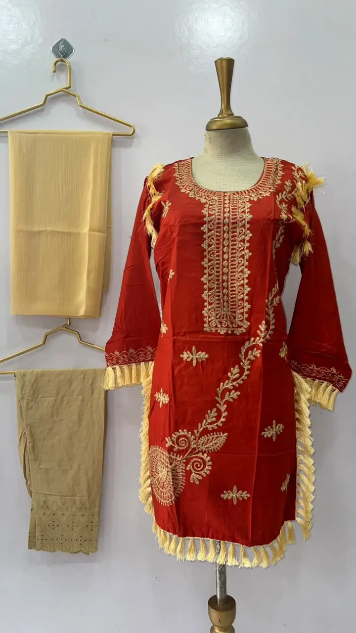 3 Pcs Women's Stitched Linen Hand Embroidered Suit