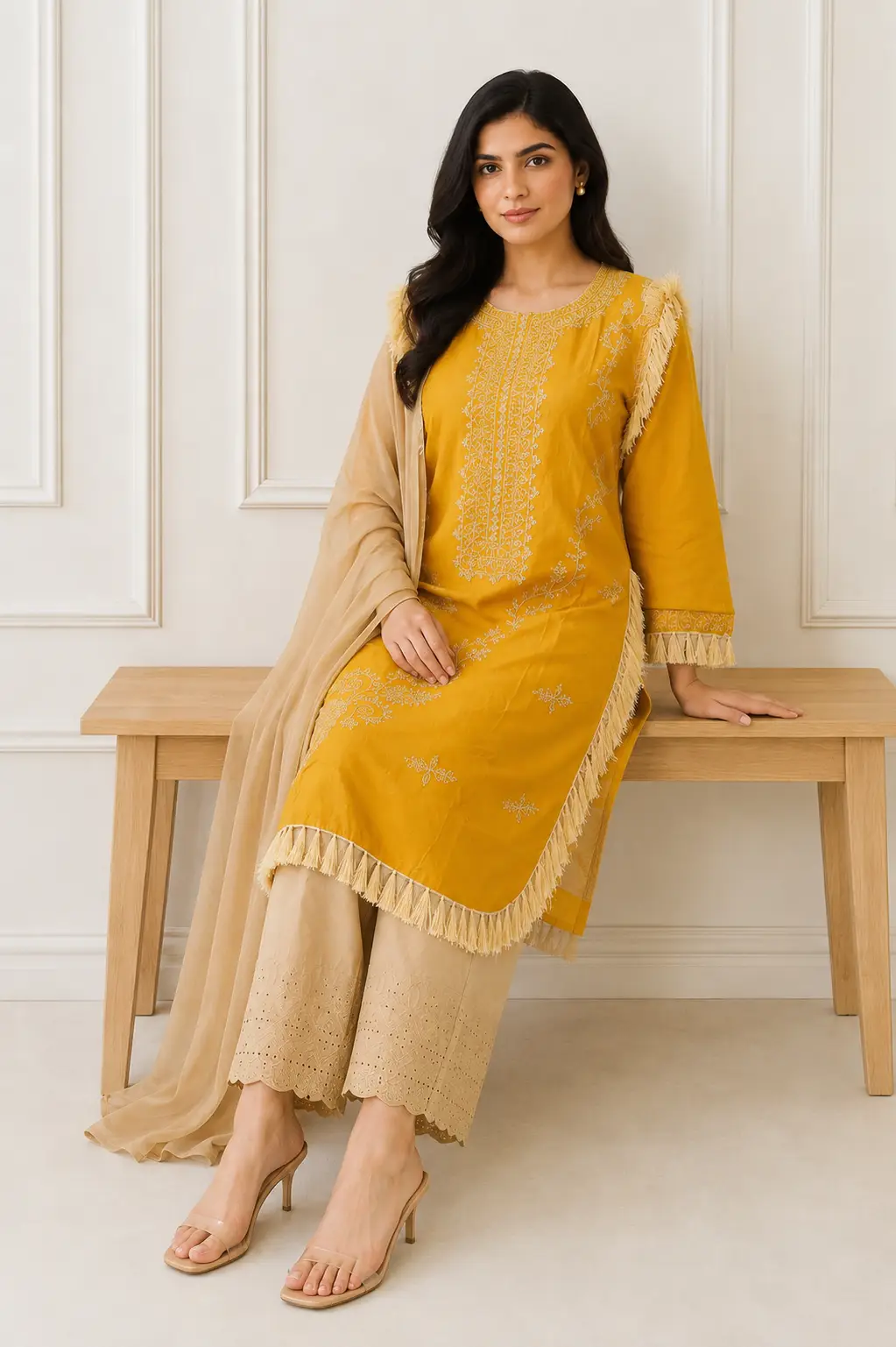 3 Pcs Women's Stitched Linen Hand Embroidered Suit