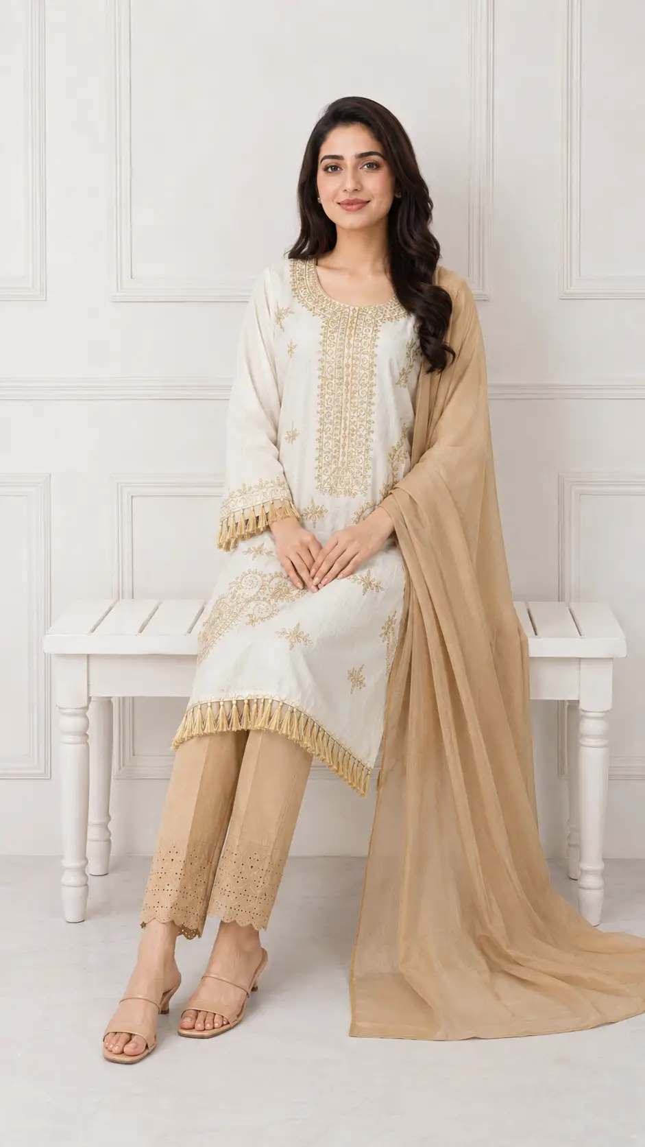 3 Pcs Women's Stitched Linen Hand Embroidered Suit