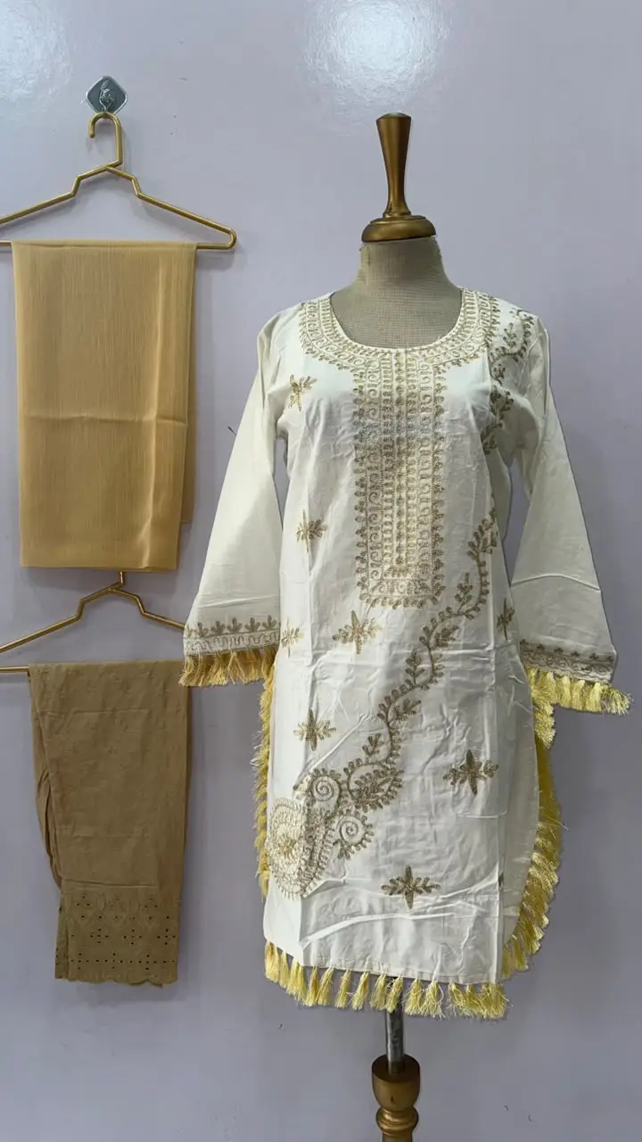 3 Pcs Women's Stitched Linen Hand Embroidered Suit