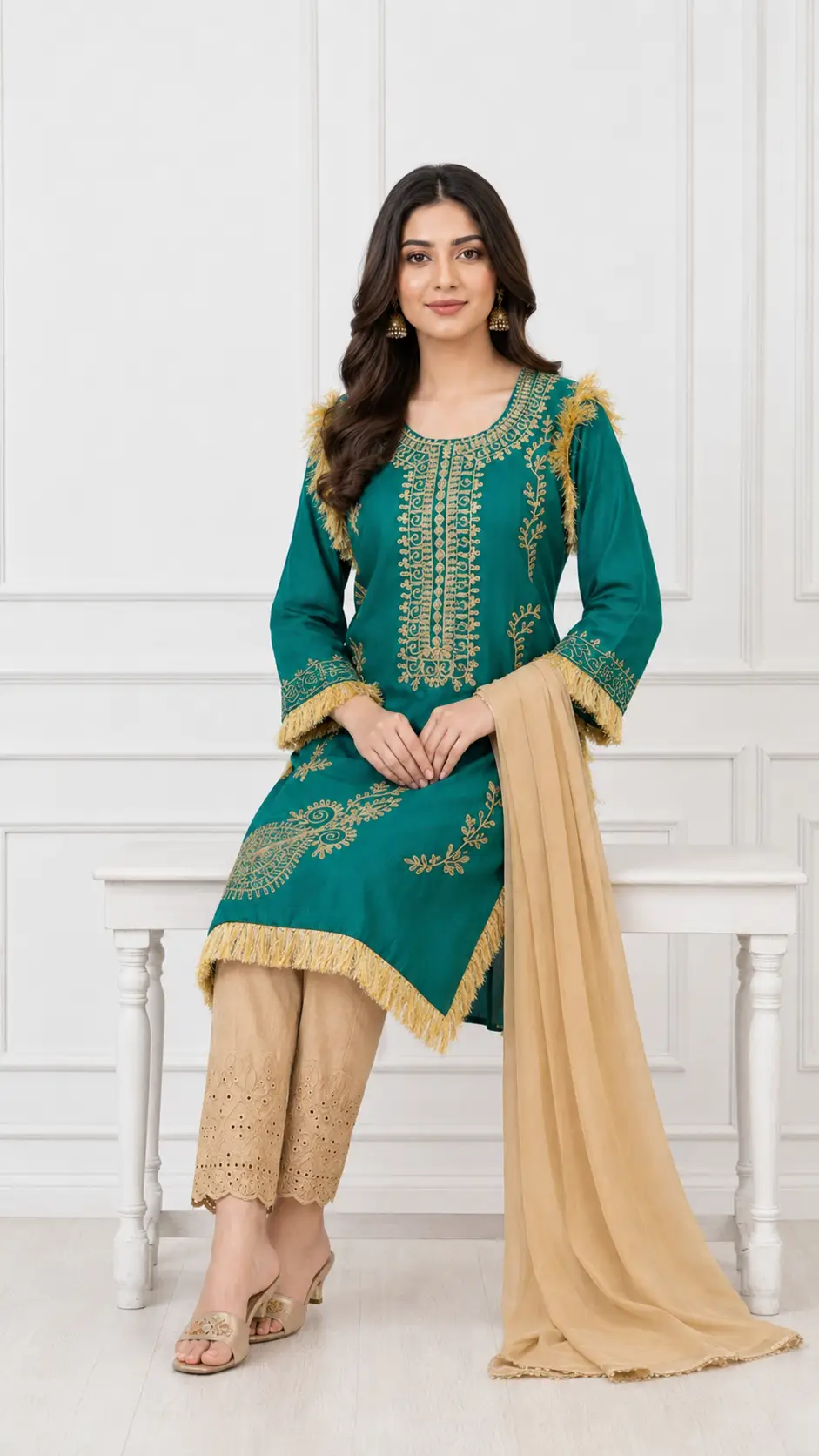 3 Pcs Women's Stitched Linen Hand Embroidered Suit