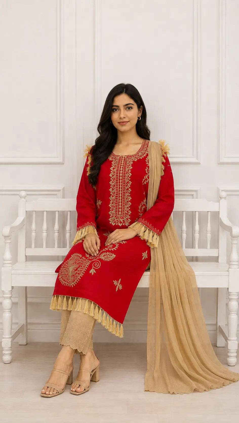 3 Pcs Women's Stitched Linen Hand Embroidered Suit