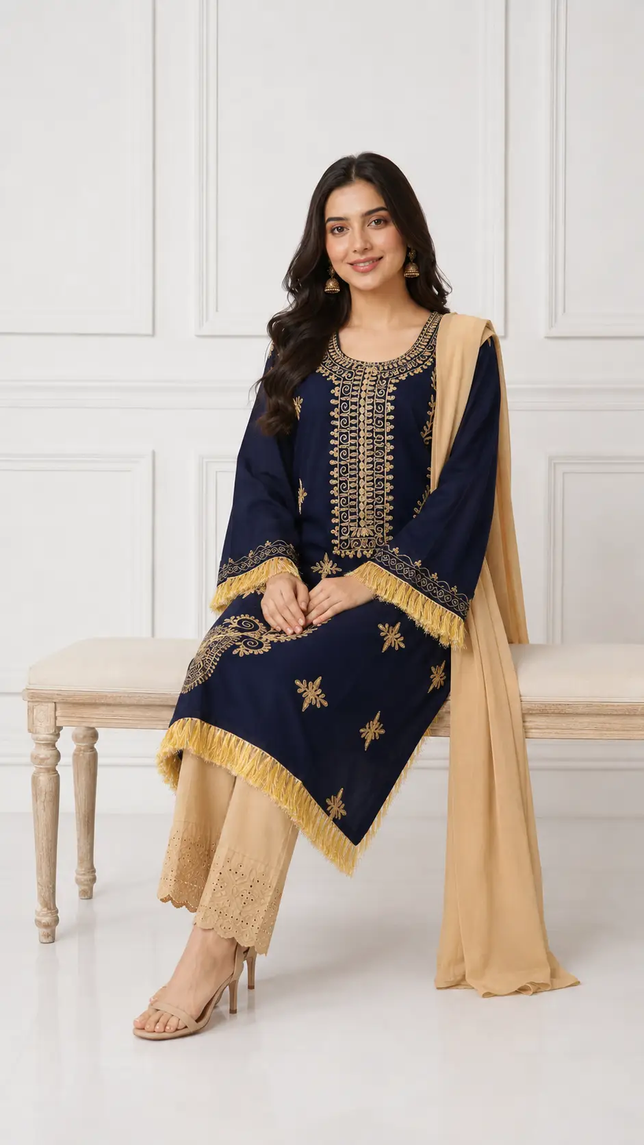 3 Pcs Women's Stitched Linen Hand Embroidered Suit