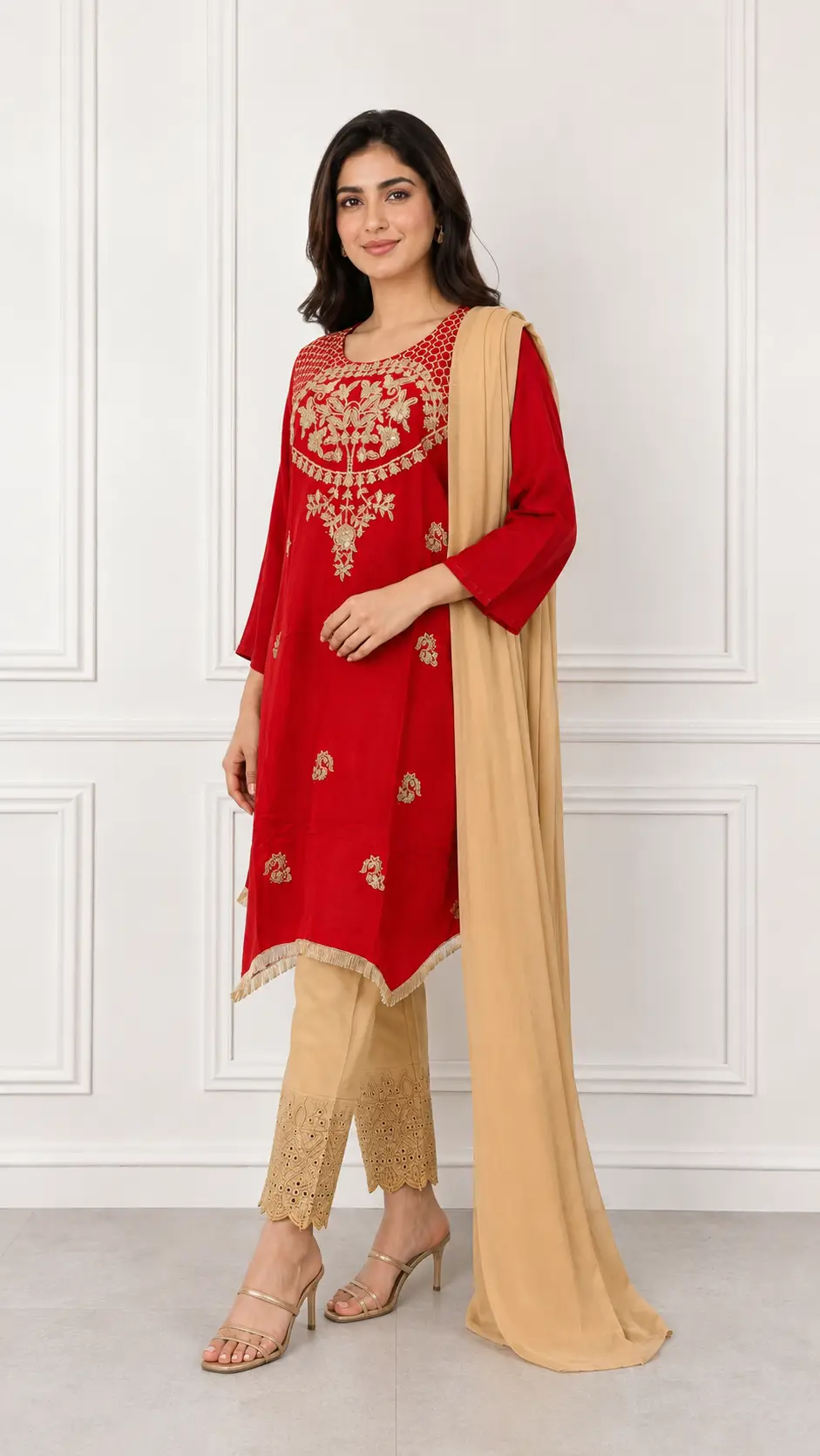 3 Pcs Women's Stitched Linen Hand Embroidered Suit