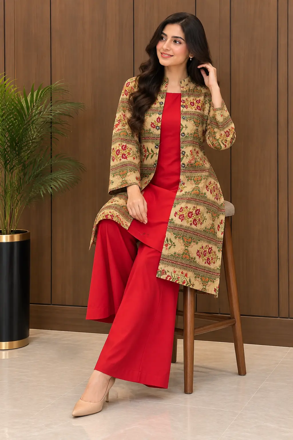 3 Pcs Women's Stitched Linen Printed Gown Suit