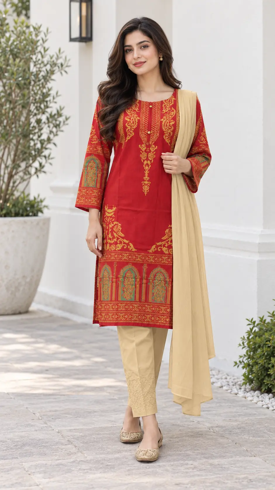 3 Pcs Women's Stitched Linen Printed Suit (3D Design)