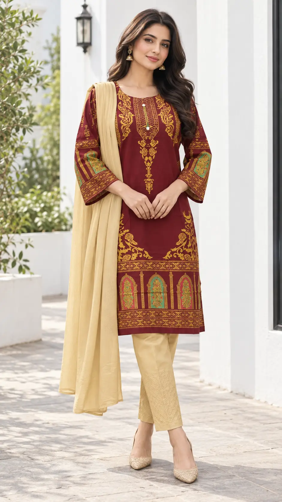 3 Pcs Women's Stitched Linen Printed Suit (3D Design)