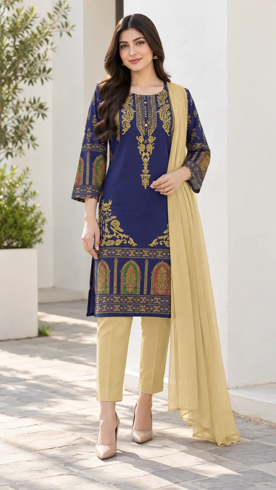 3 Pcs Women's Stitched Linen Printed Suit (3D Design)