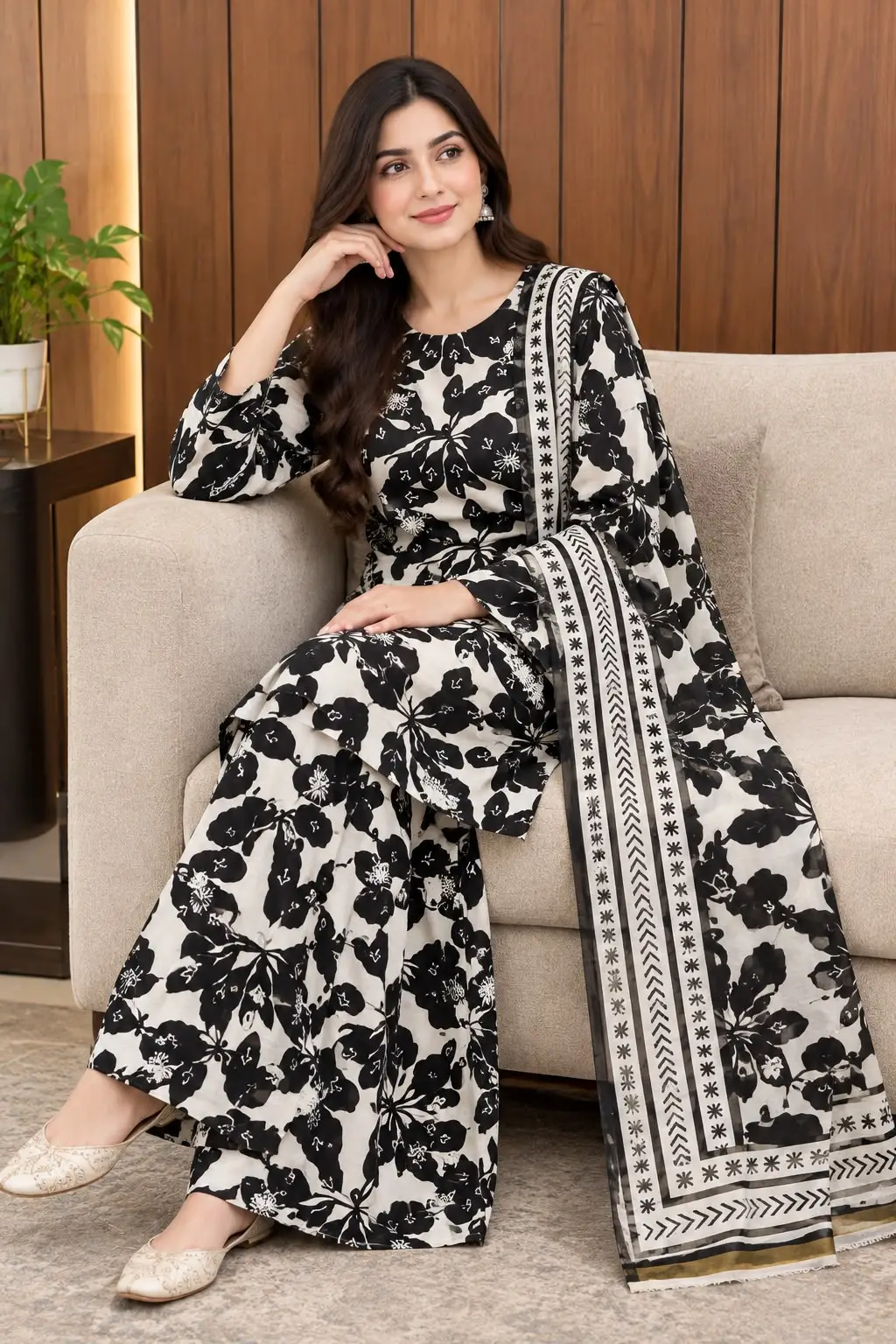 3Pcs Women's Stitched Grip Silk Printed Suit