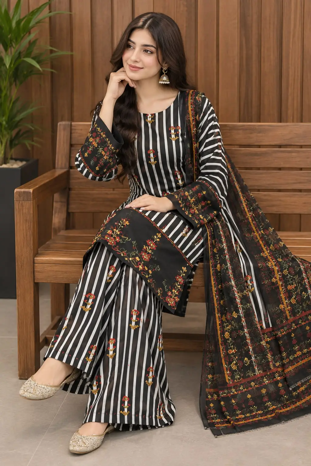 3Pcs Women's Stitched Grip Silk Printed Suit