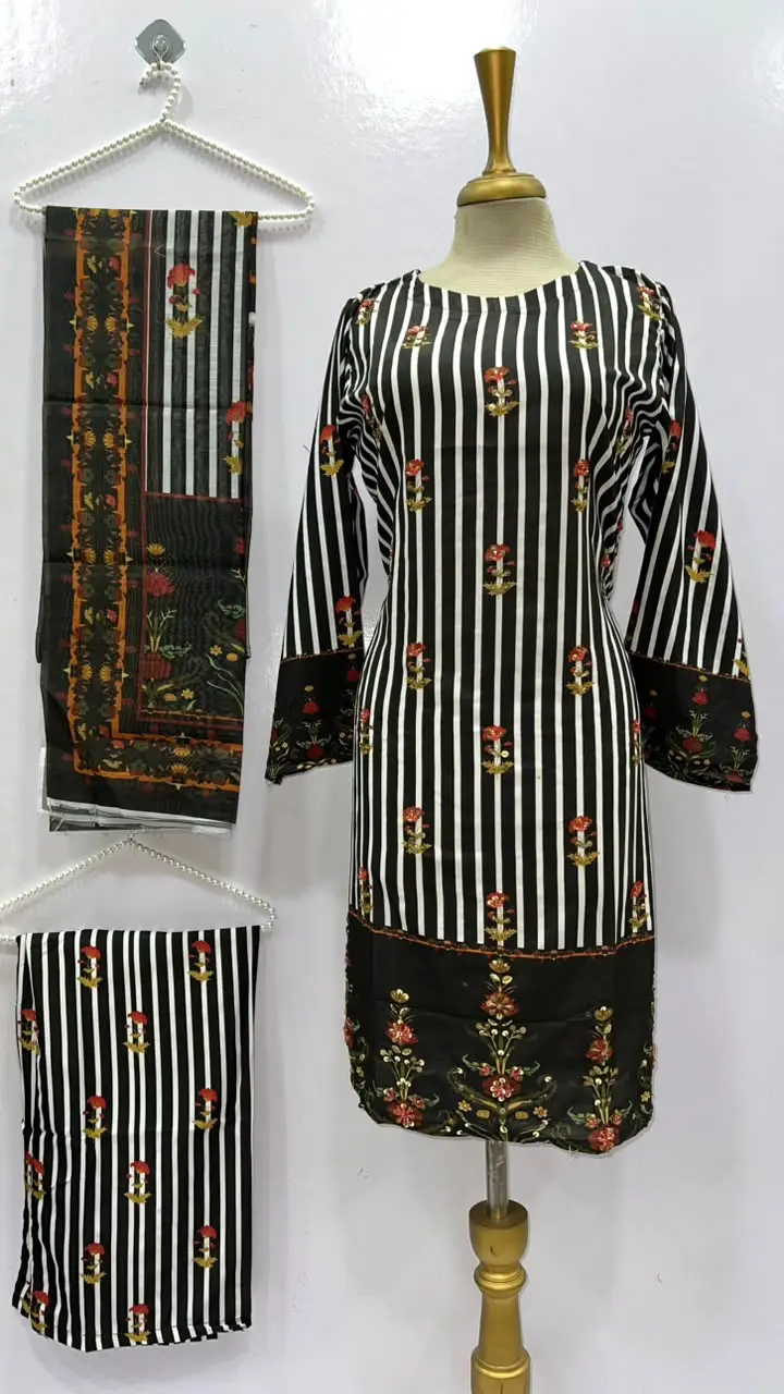3Pcs Women's Stitched Grip Silk Printed Suit