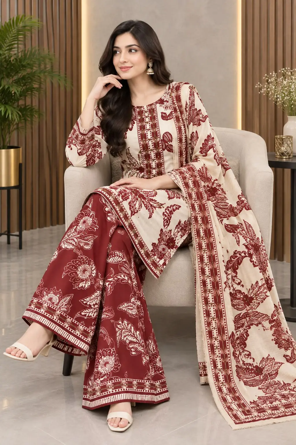 3Pcs Women's Stitched Grip Silk Printed Suit