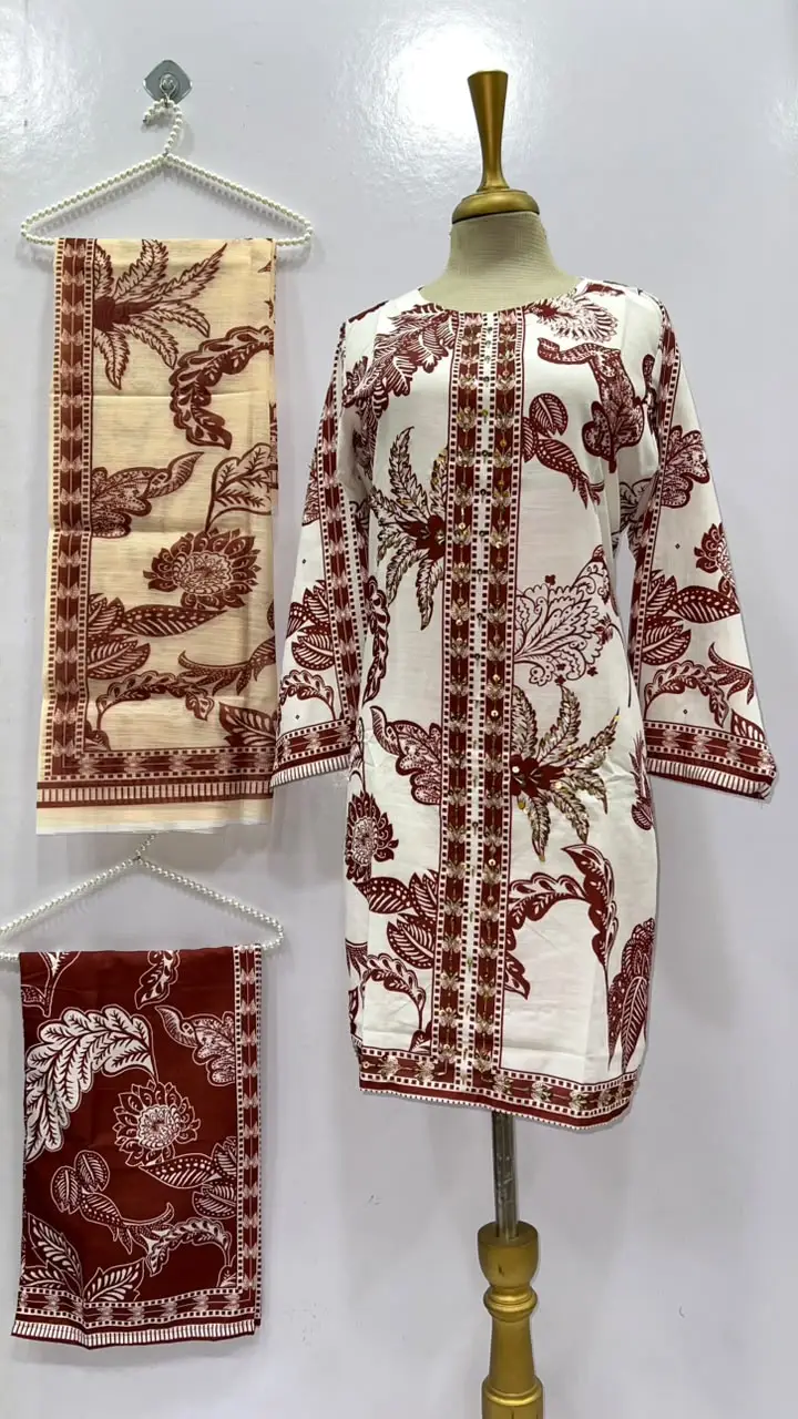 3Pcs Women's Stitched Grip Silk Printed Suit