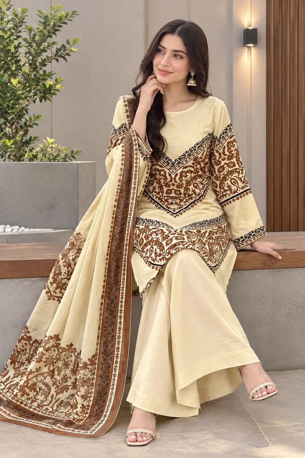 3Pcs Women's Stitched Grip Silk Printed Suit