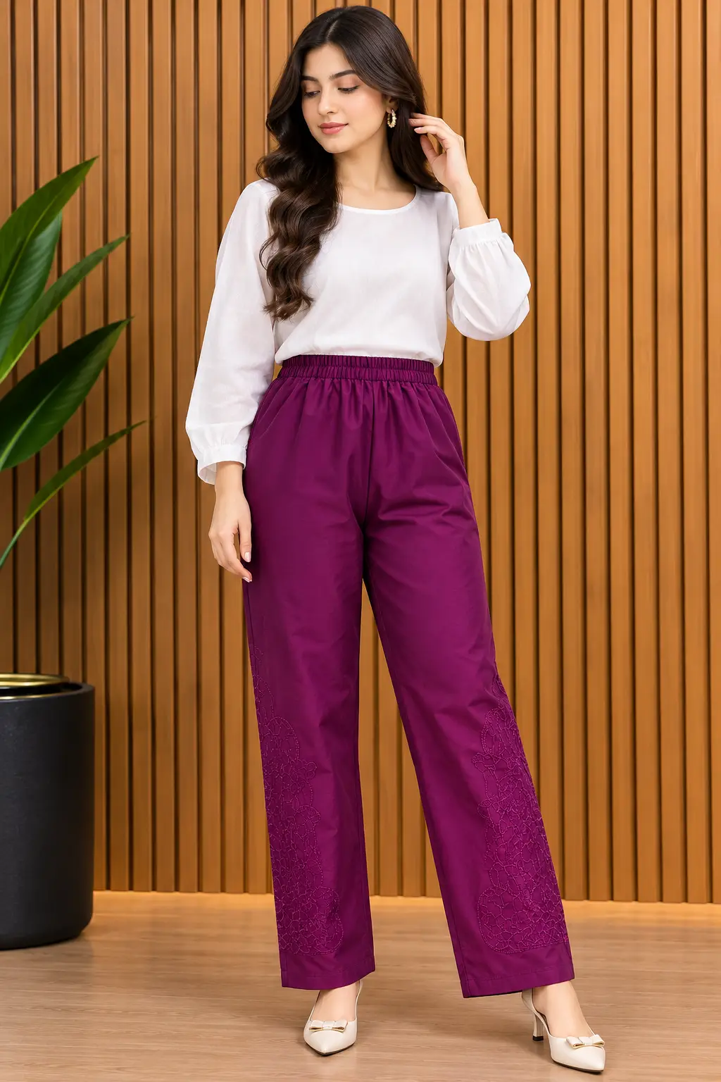 1 Pc Women's Stitched Linen Embroidered Trouser