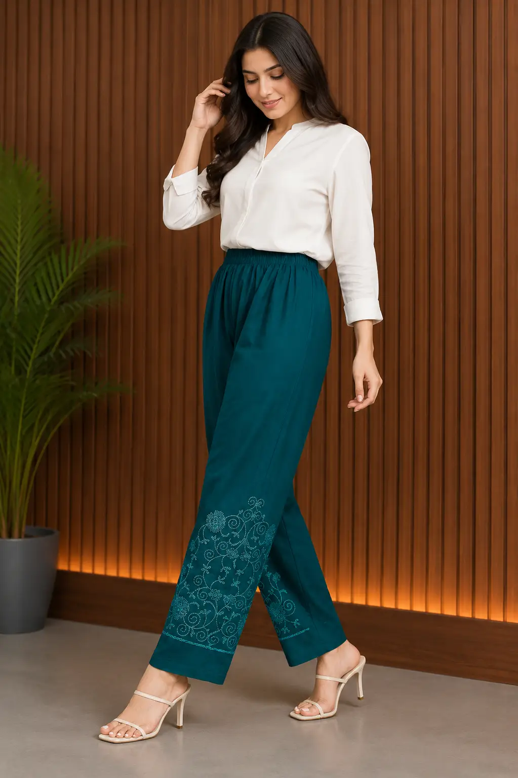 1 Pc Women's Stitched Linen Embroidered Trouser