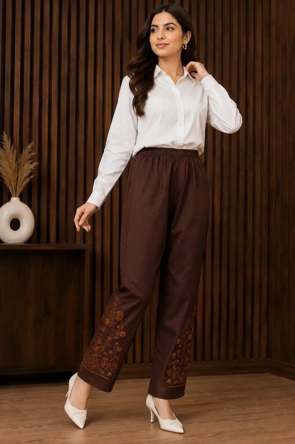 1 Pc Women's Stitched Linen Embroidered Trouser