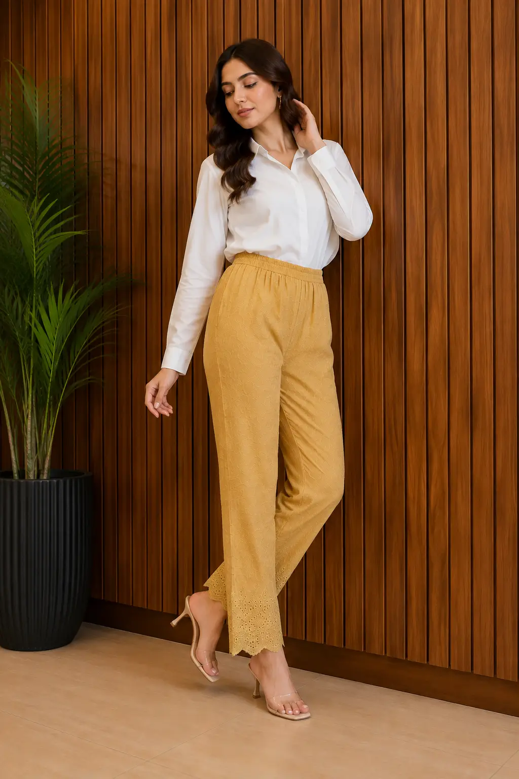 1 Pc Women's Stitched Linen Embroidered Trouser ChickanKari