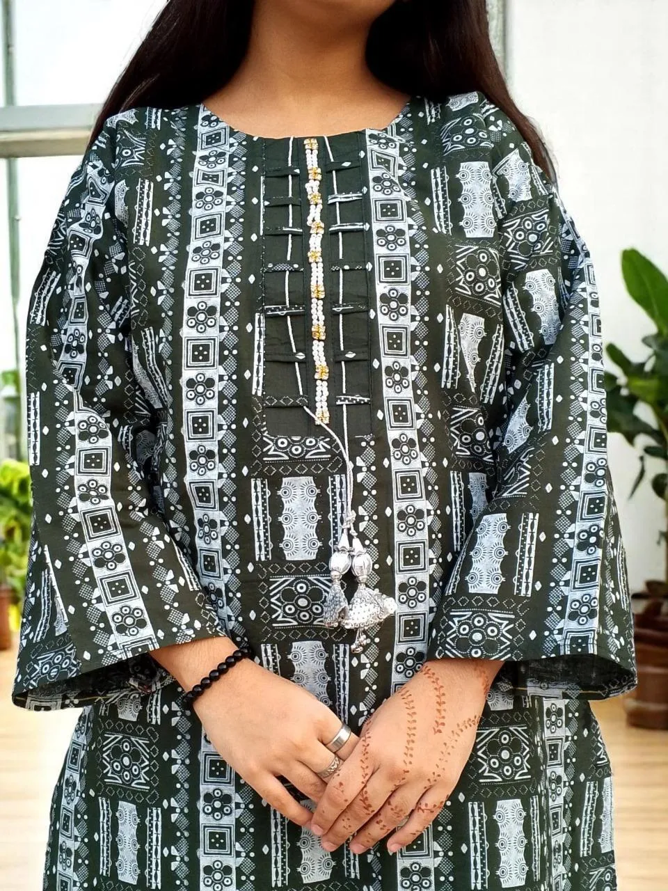 Turquoise Block Printed Cotton Lawn Kurta Set for Women