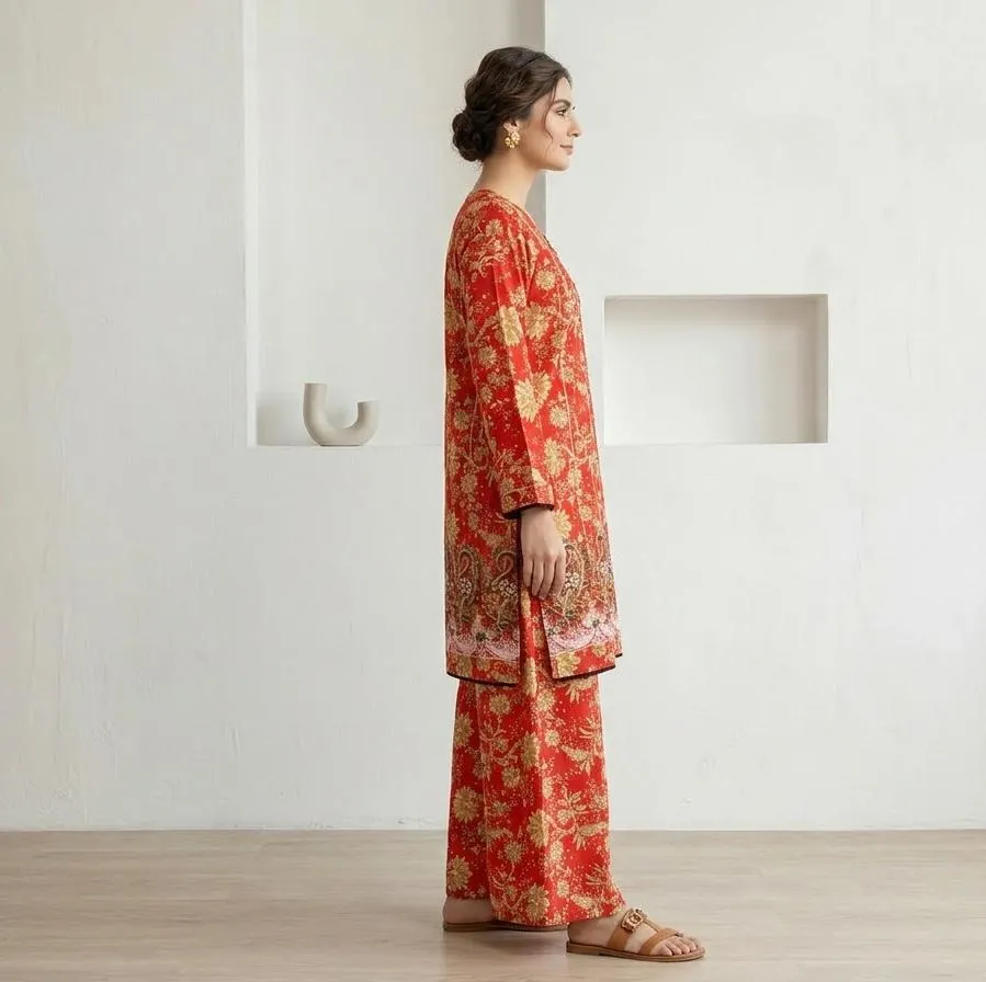Red Printed Kurta Pajama Set for Women