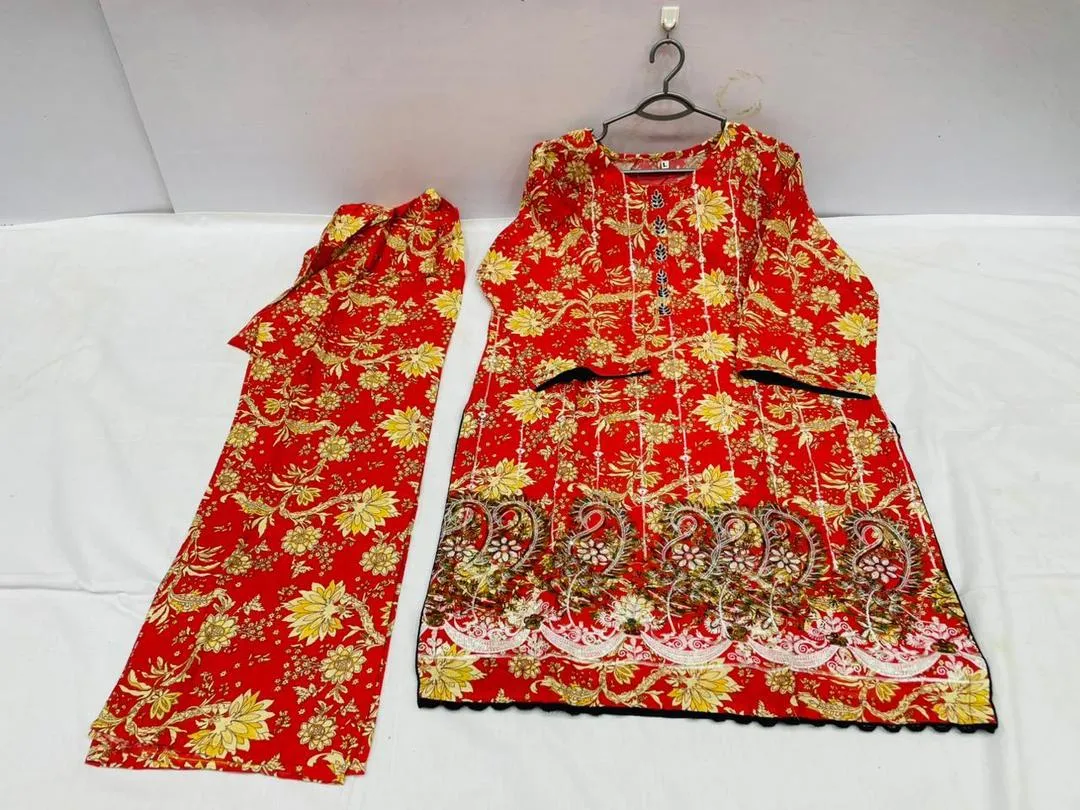 Red Printed Kurta Pajama Set for Women