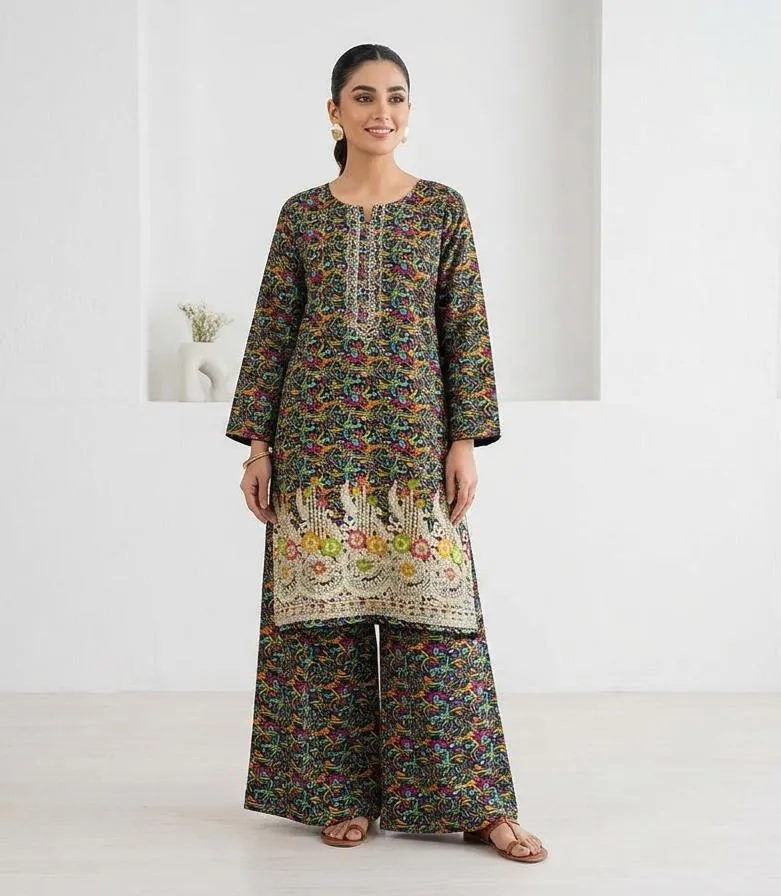 Pakistani Printed Kurta Pajama Set with Embroidered Details