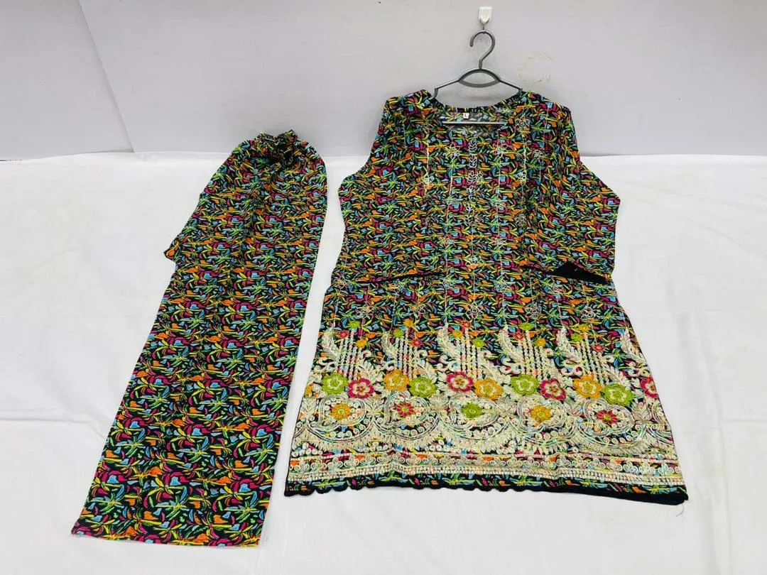 Pakistani Printed Kurta Pajama Set with Embroidered Details