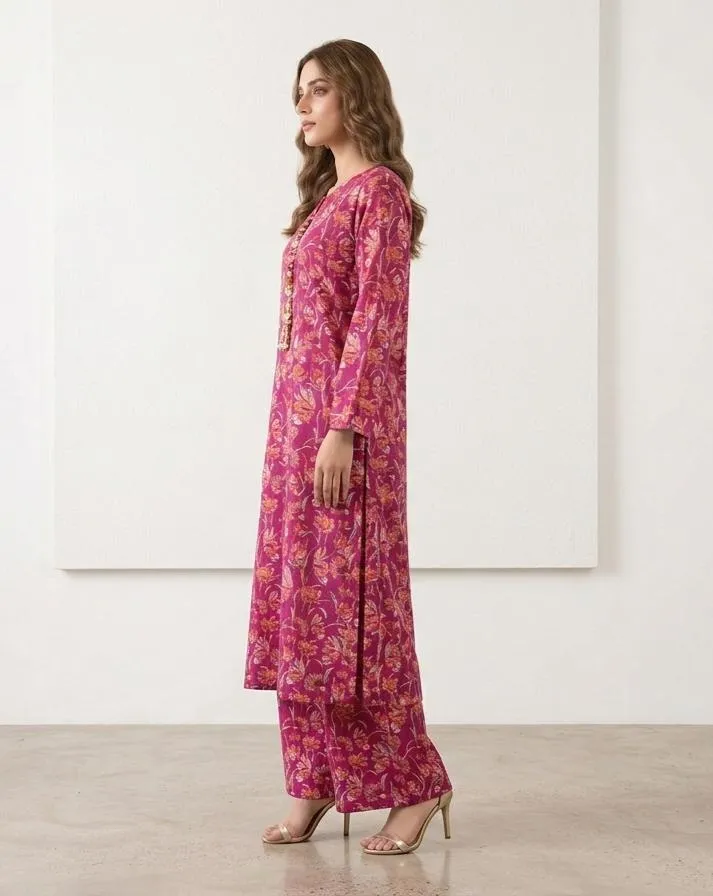 2 Pcs Women's Long Length Stitched Lawn Digital Print Shirt And Trouser with Beats