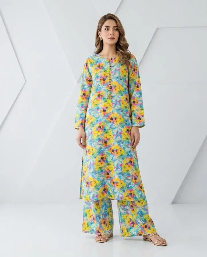 2 Pcs Women's Long Length Stitched Lawn Digital Print Shirt And Trouser with Beats
