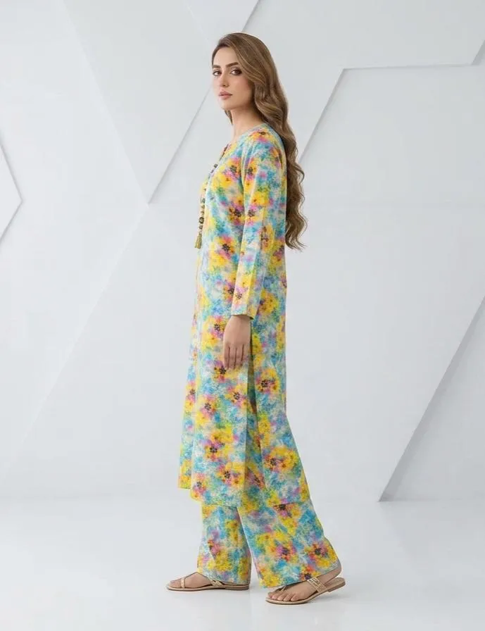 2 Pcs Women's Long Length Stitched Lawn Digital Print Shirt And Trouser with Beats