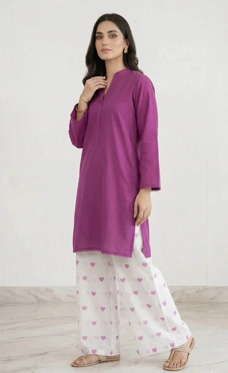 2Pcs Women's Stitched Cotton Lawn Block Printed Shirt And Flapper Viral Heart Printed