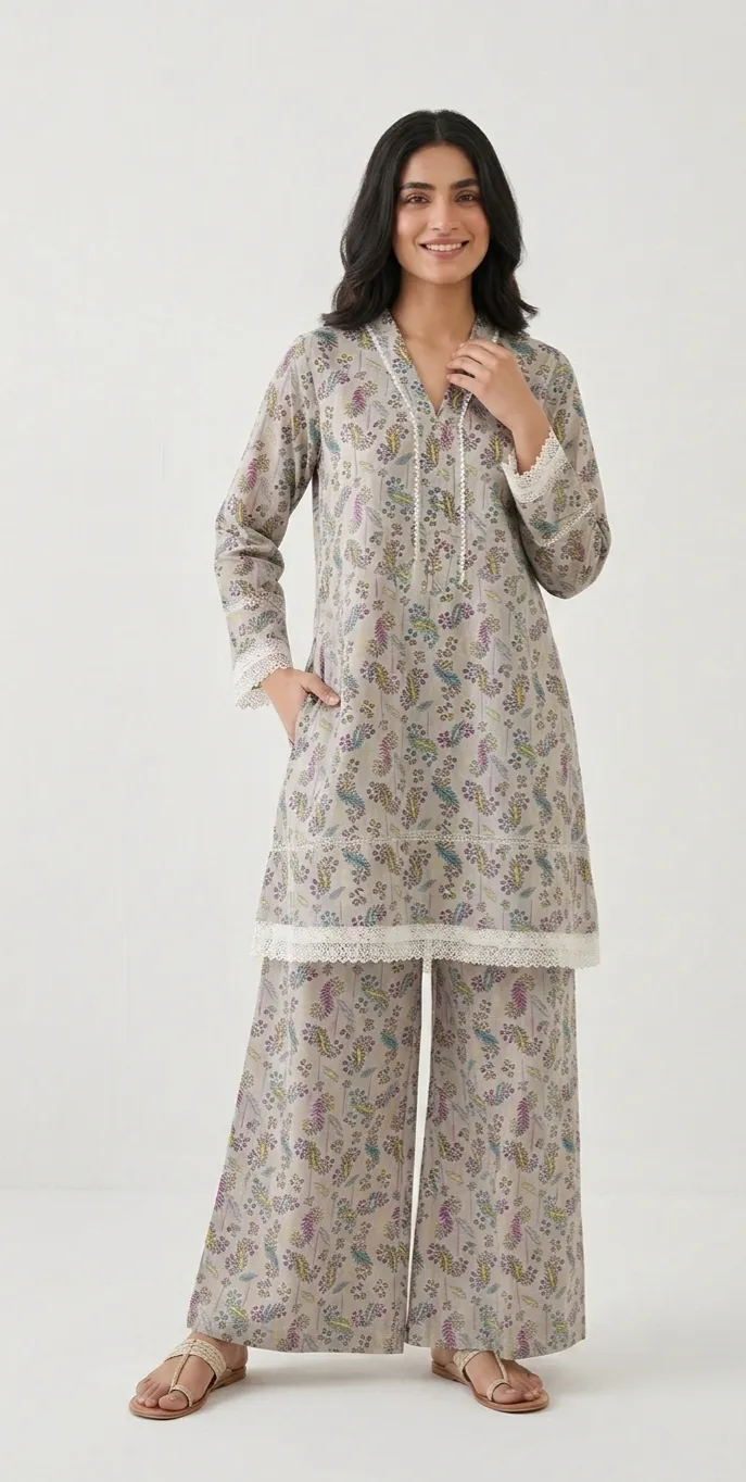 2Pcs Women's Stitched Lawn Digital Print Frock And Trouser with Milky Lace (Hajra)