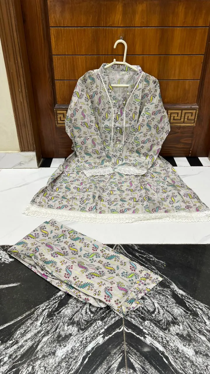 2Pcs Women's Stitched Lawn Digital Print Frock And Trouser with Milky Lace (Hajra)