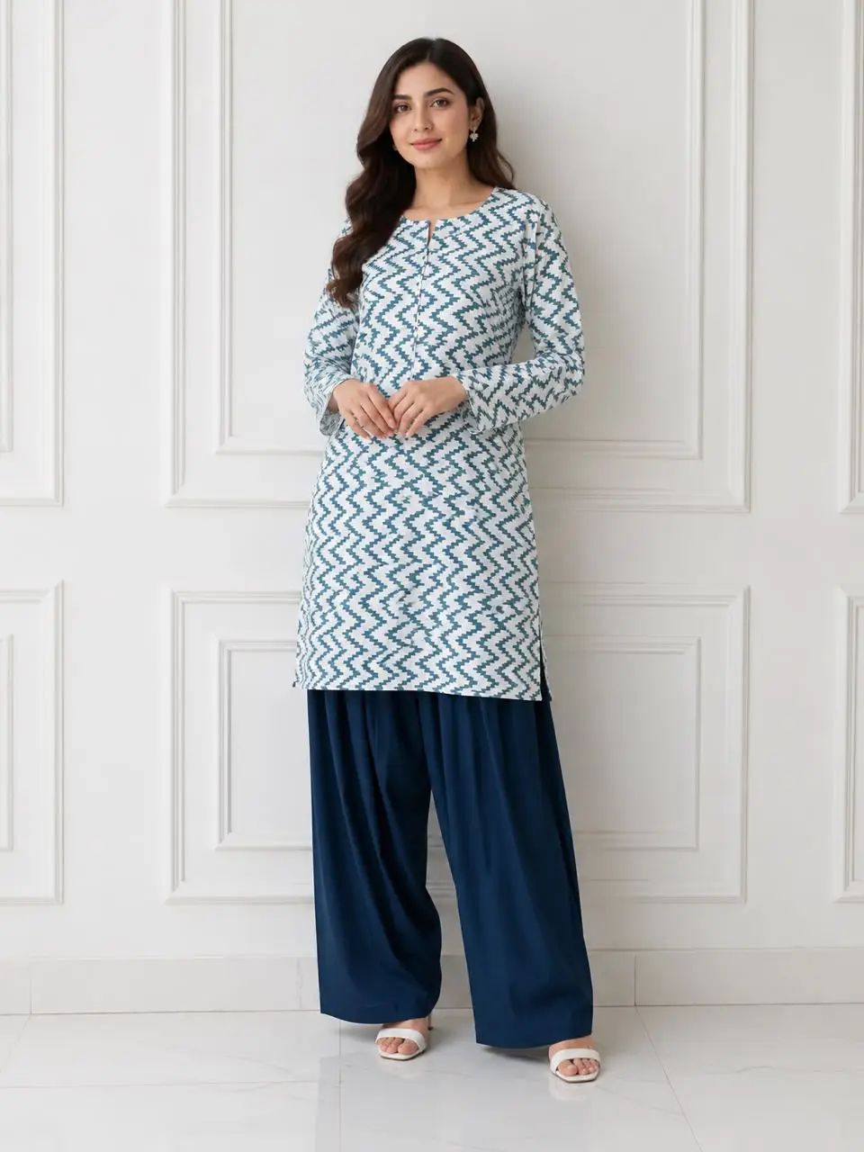 2 Pcs Women's Stitched Cotton Lawn Block Printed Shirt And Farshi Shalwar