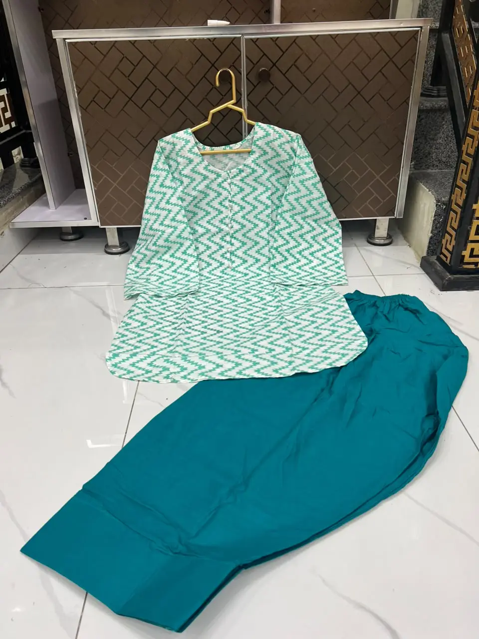 2 Pcs Women's Stitched Cotton Lawn Block Printed Shirt And Farshi Shalwar