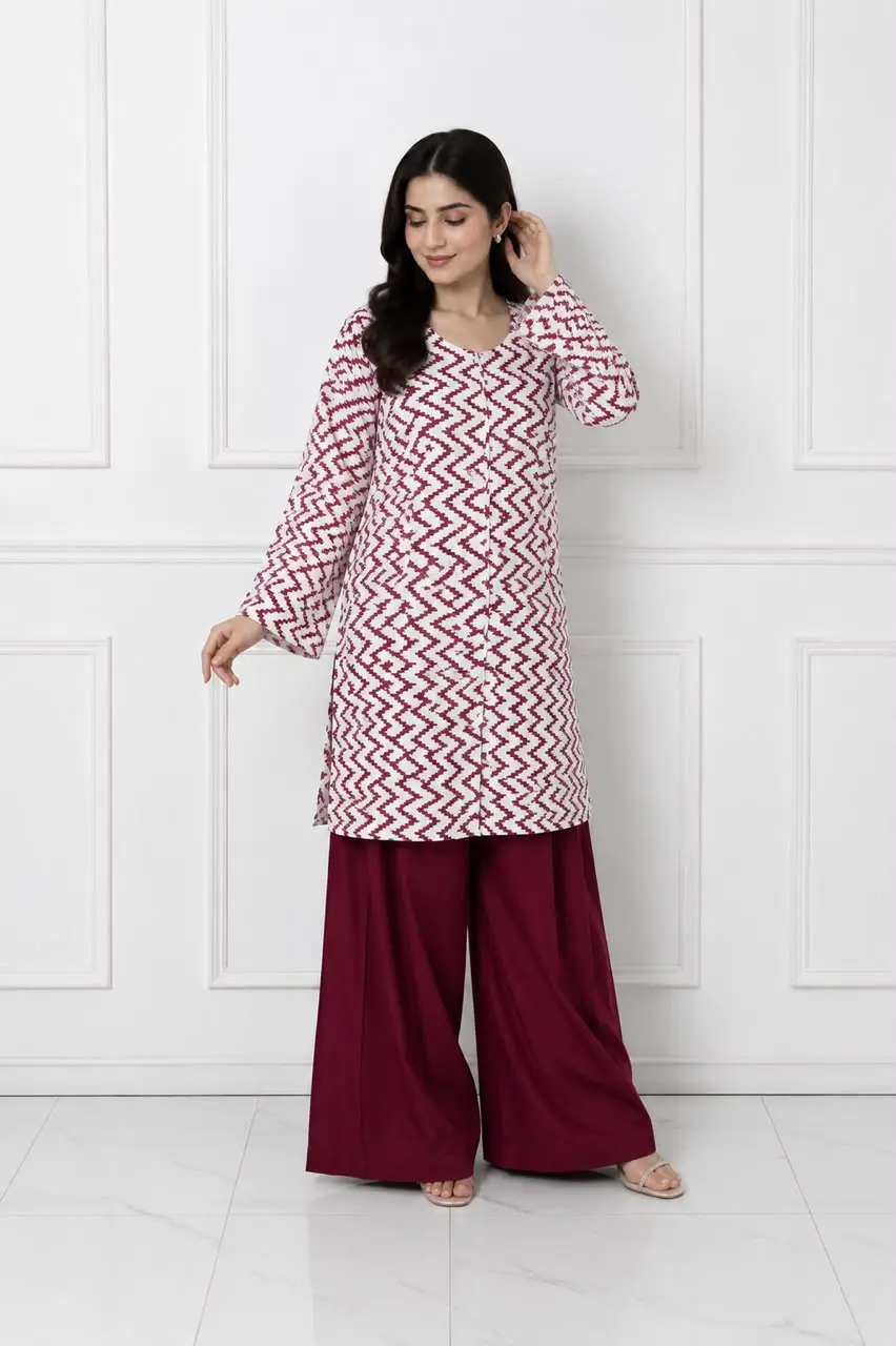 2 Pcs Women's Stitched Cotton Lawn Block Printed Shirt And Farshi Shalwar