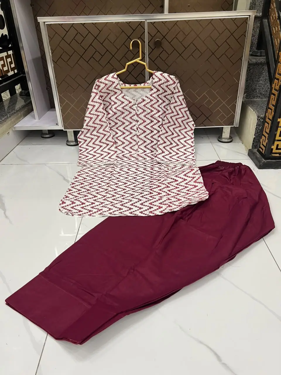 2 Pcs Women's Stitched Cotton Lawn Block Printed Shirt And Farshi Shalwar