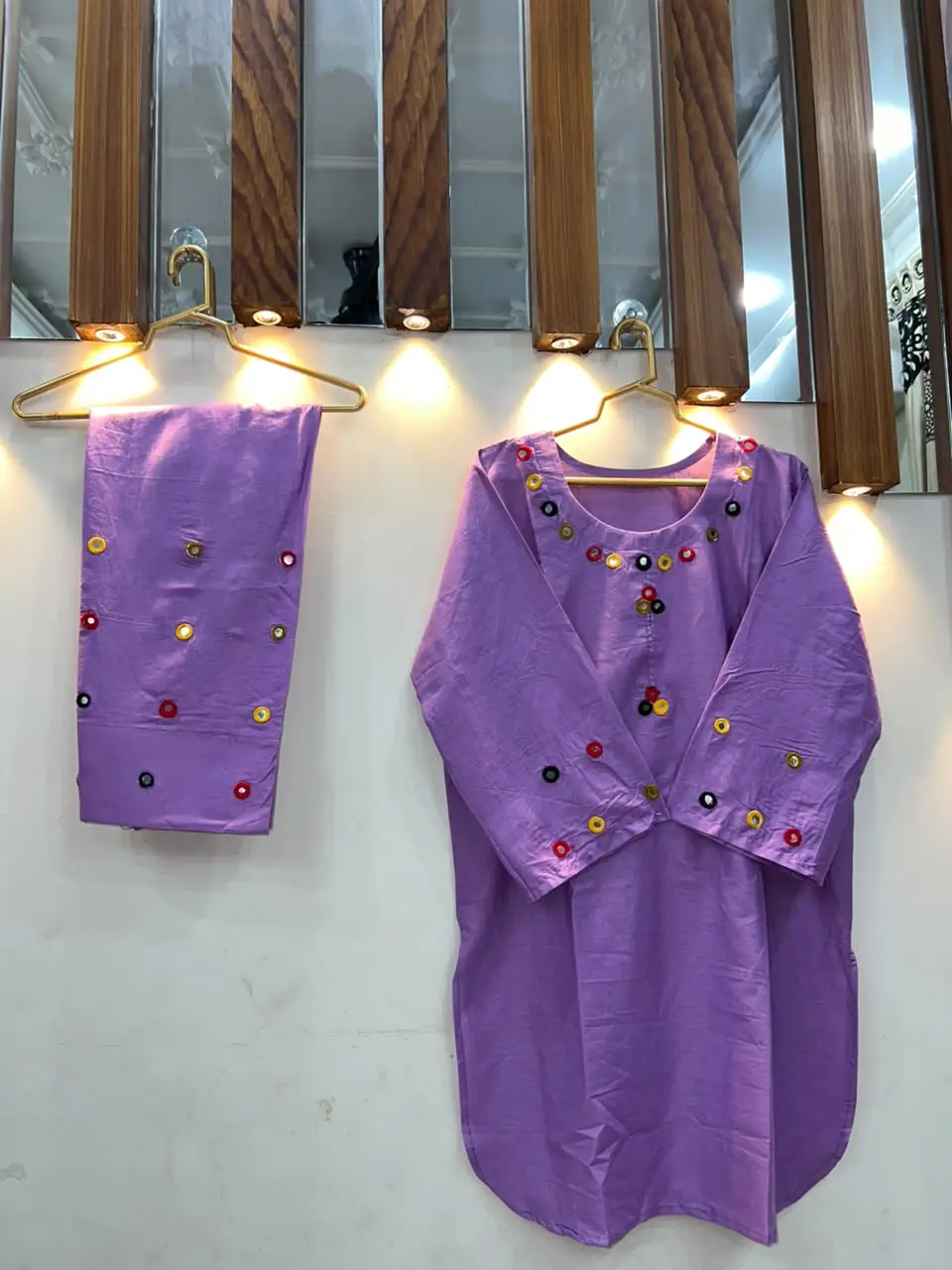 2Pcs Women's Stitched Cotton Lawn Hand Work Shirt And Trouser with Mirror work