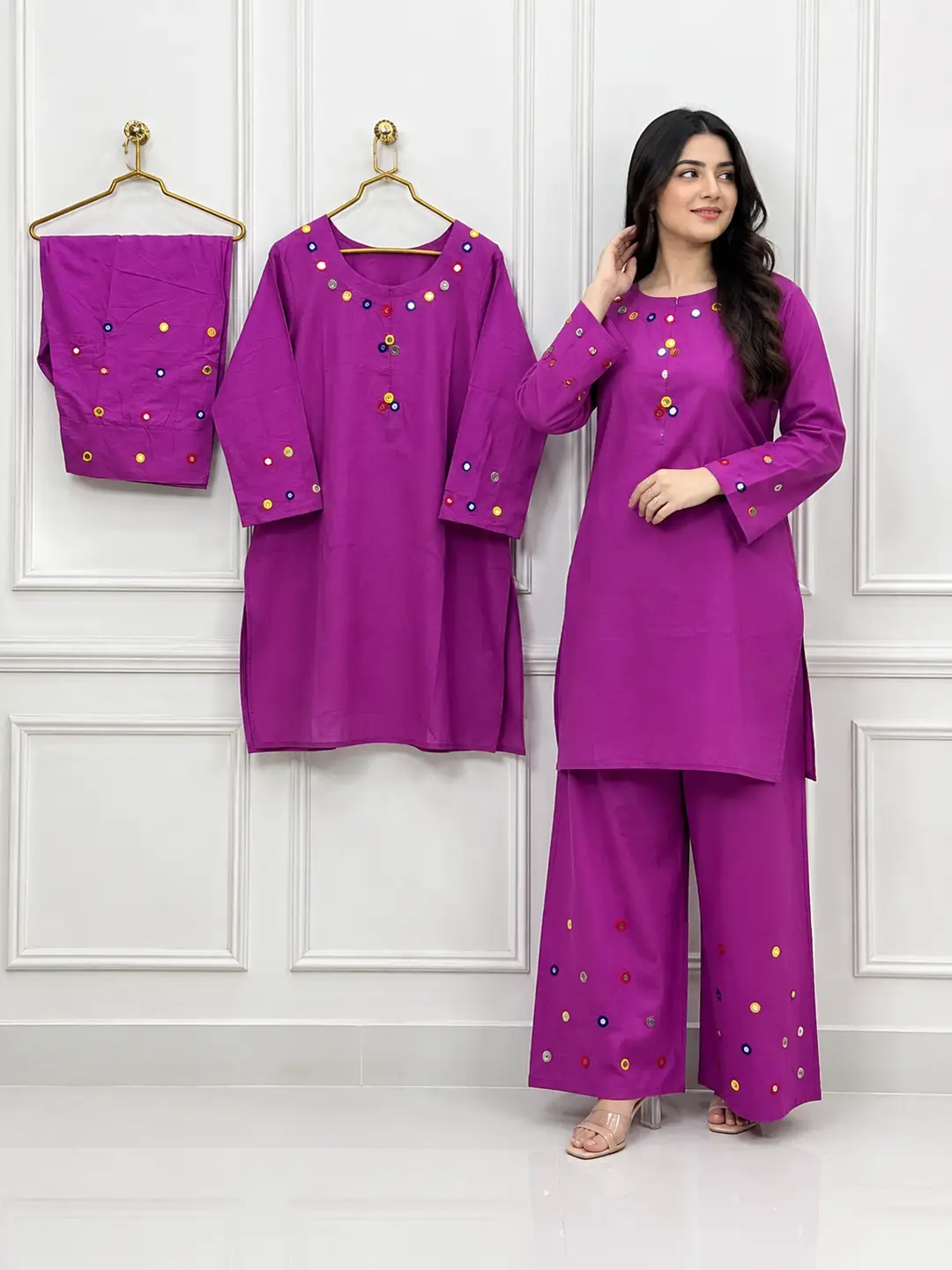 2Pcs Women's Stitched Cotton Lawn Hand Work Shirt And Trouser with Mirror work