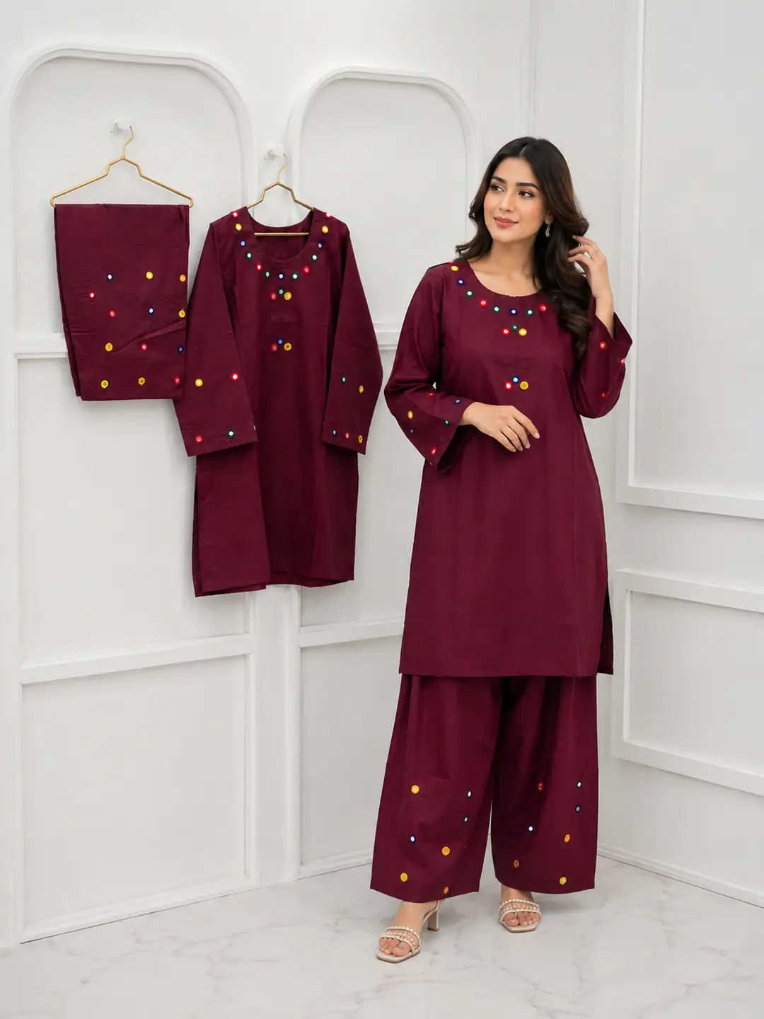 2Pcs Women's Stitched Cotton Lawn Hand Work Shirt And Trouser with Mirror work