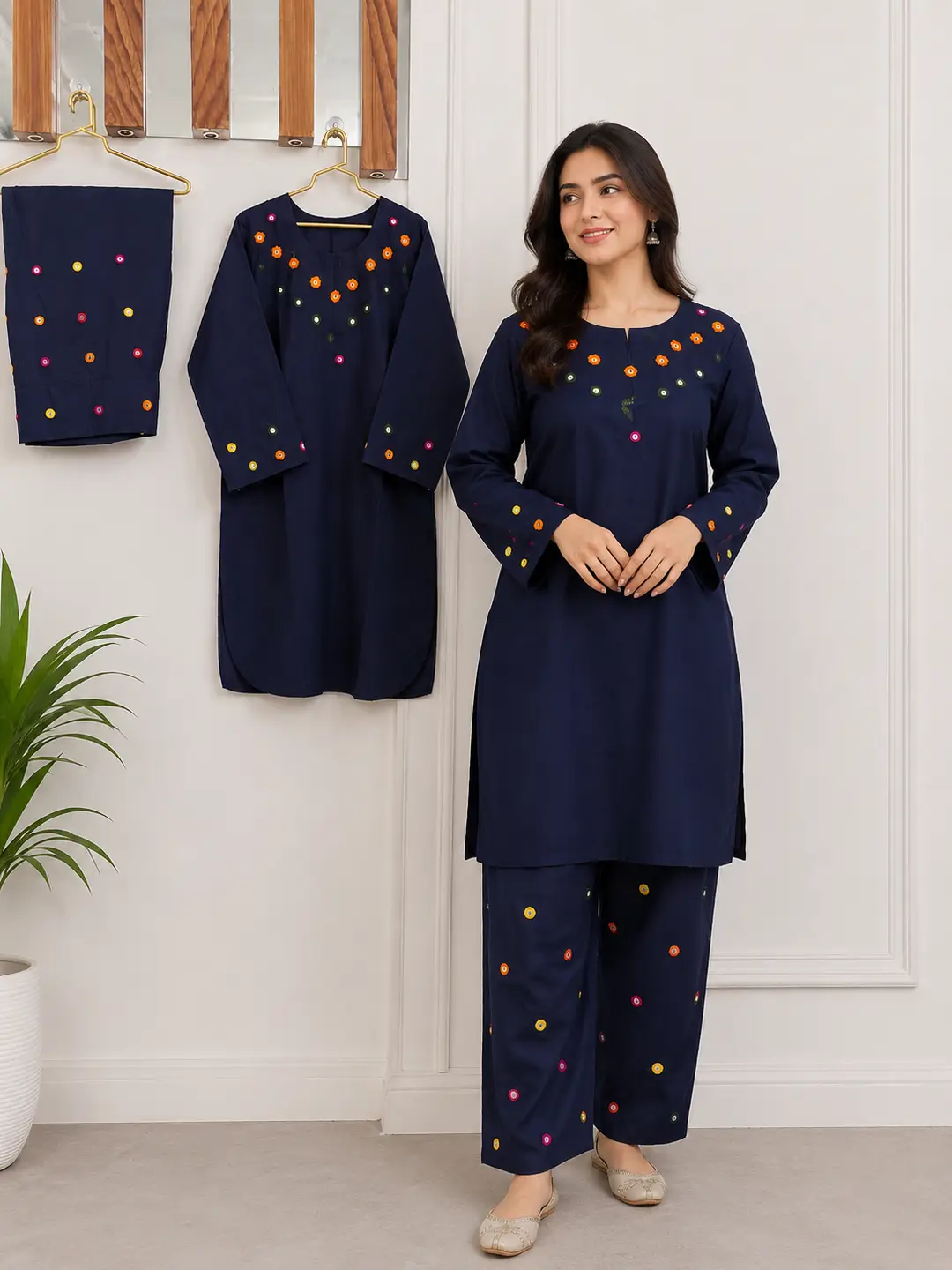 2Pcs Women's Stitched Cotton Lawn Hand Work Shirt And Trouser with Mirror work