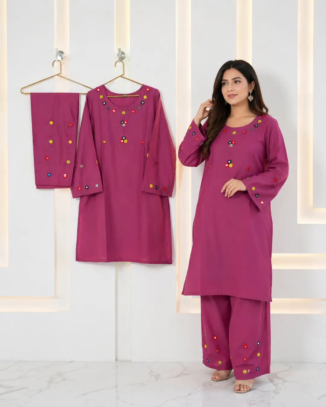 2Pcs Women's Stitched Cotton Lawn Hand Work Shirt And Trouser with Mirror work