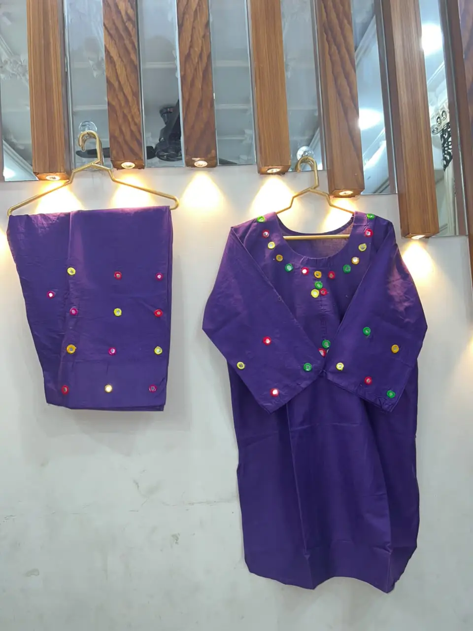 2Pcs Women's Stitched Cotton Lawn Hand Work Shirt And Trouser with Mirror work