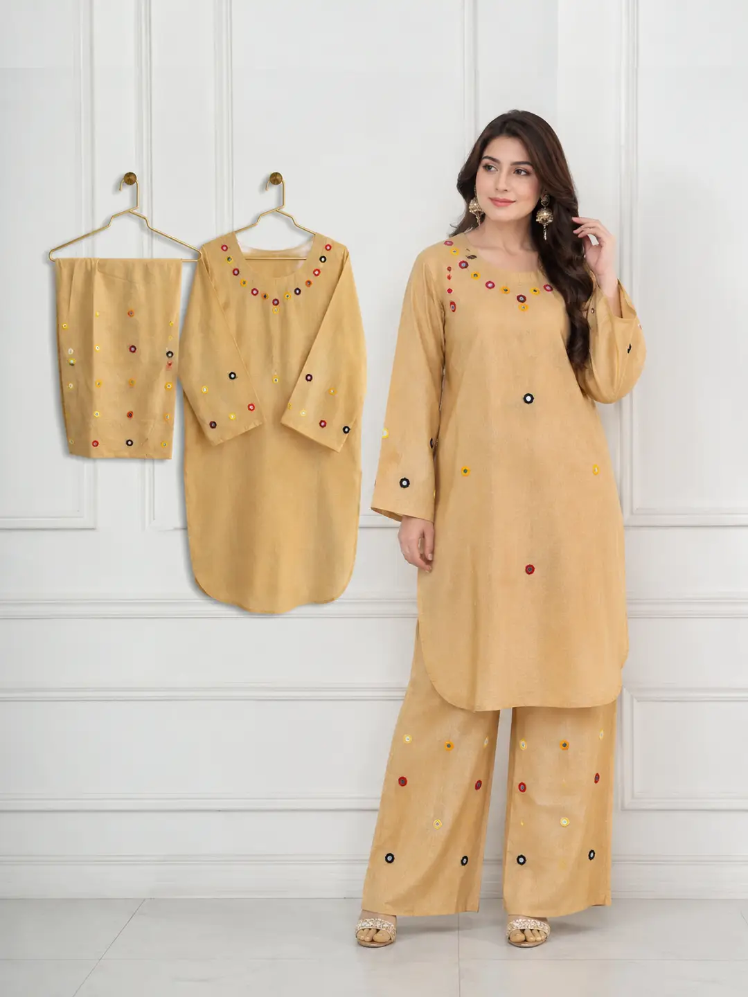 2Pcs Women's Stitched Cotton Lawn Hand Work Shirt And Trouser with Mirror work
