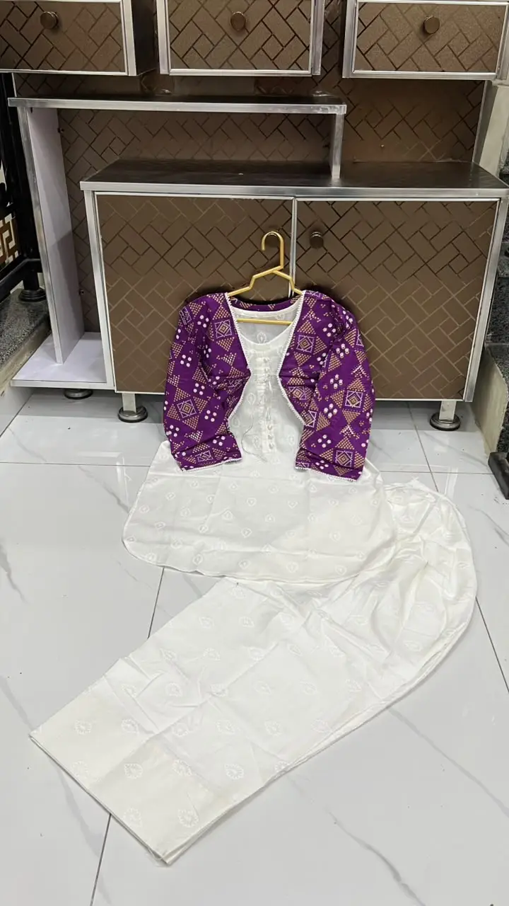 3 Pcs Women's Stitched Cotton Printed Shirt And Trouser with Chungi printed Koti