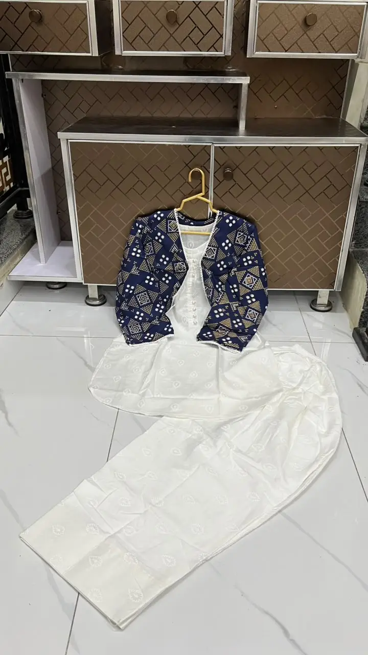 3 Pcs Women's Stitched Cotton Printed Shirt And Trouser with Chungi printed Koti