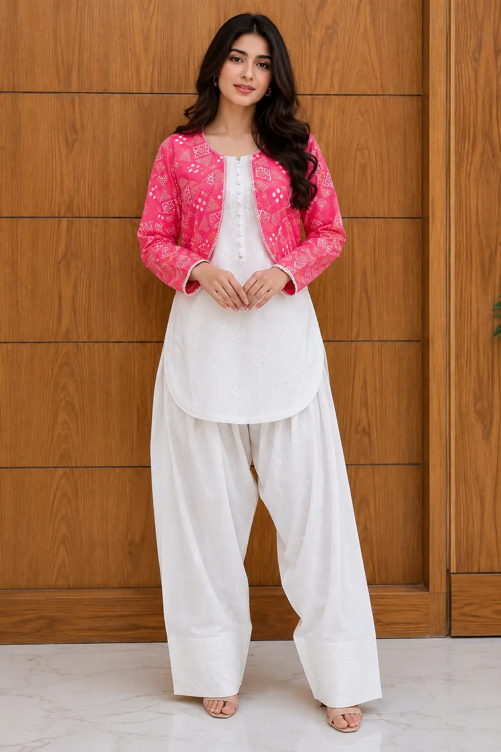 3 Pcs Women's Stitched Cotton Printed Shirt And Trouser with Chungi printed Koti