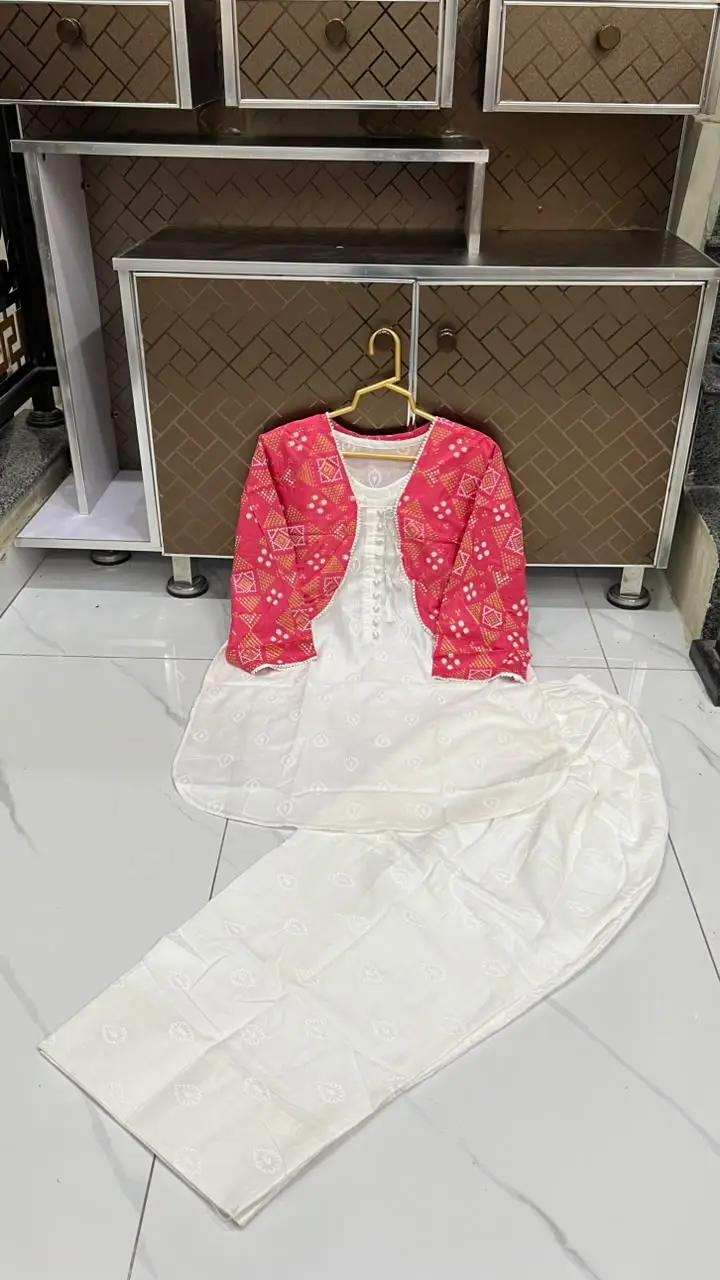 3 Pcs Women's Stitched Cotton Printed Shirt And Trouser with Chungi printed Koti