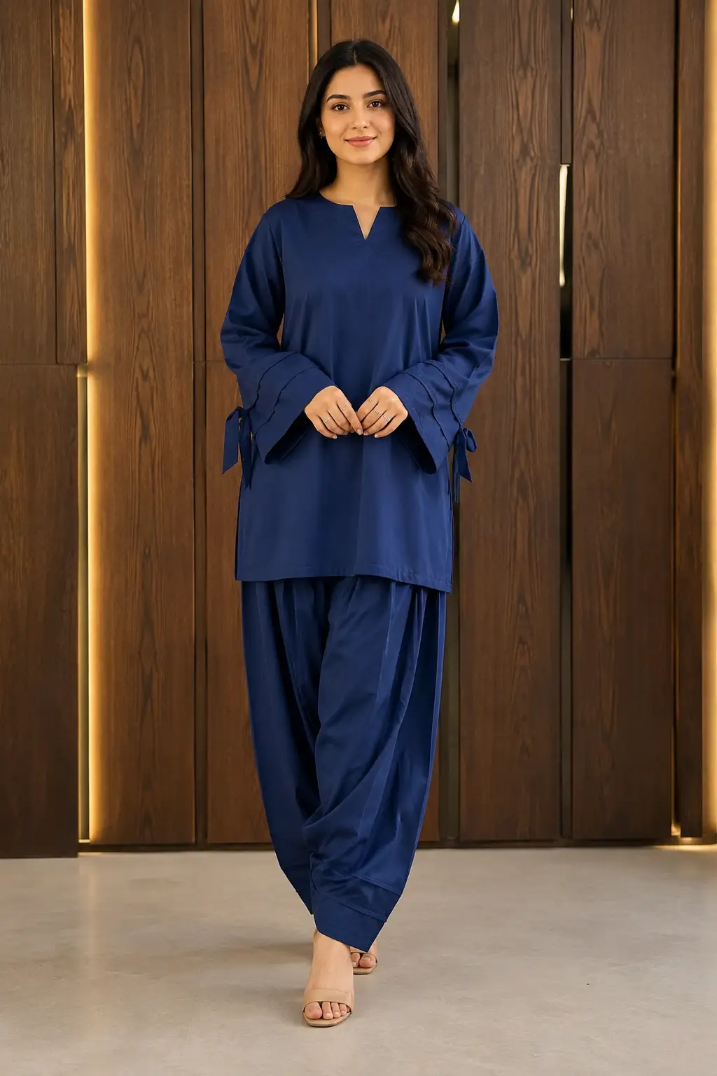2 Pcs Women's Stitched Premium Cotton Plain Shirt And Farshi Shalwar